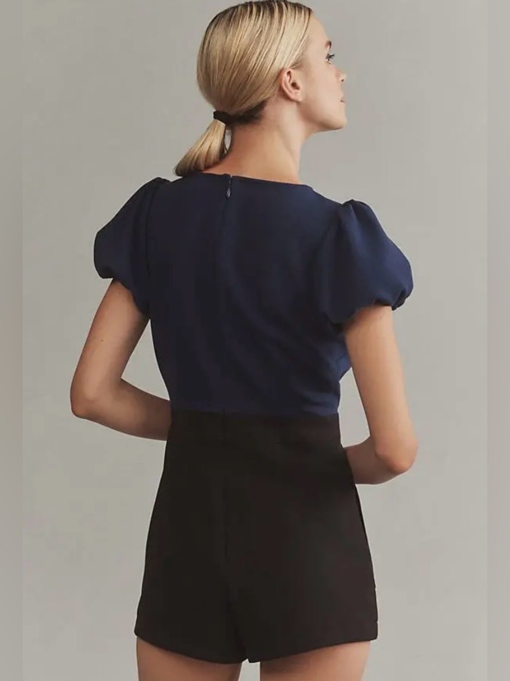 Anthropologie Maeve Puff-Sleeve Colorblock Scallop Romper | SZ 12 | Like New - Picture 4 of 14